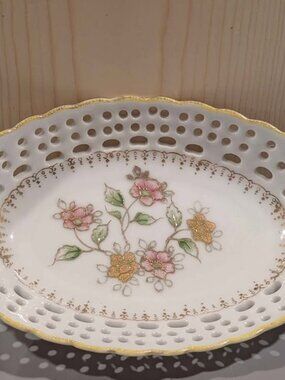 Vintage Latticed Porcelain Serving Dish, Occupied Japan, Gold Leaf Edges